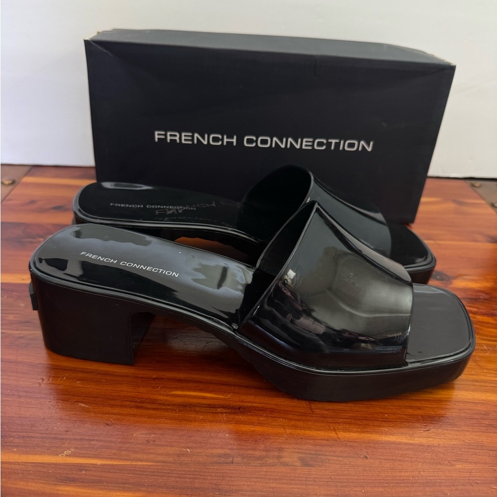 French Connection Almira Black Rubber Slide Sandals Women’s US 10 Chunky Heel